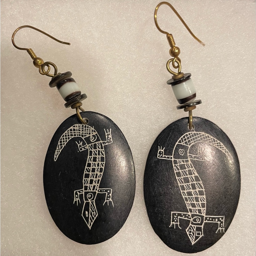 Carved very dark brown  Oval Earrings with Tribal Design